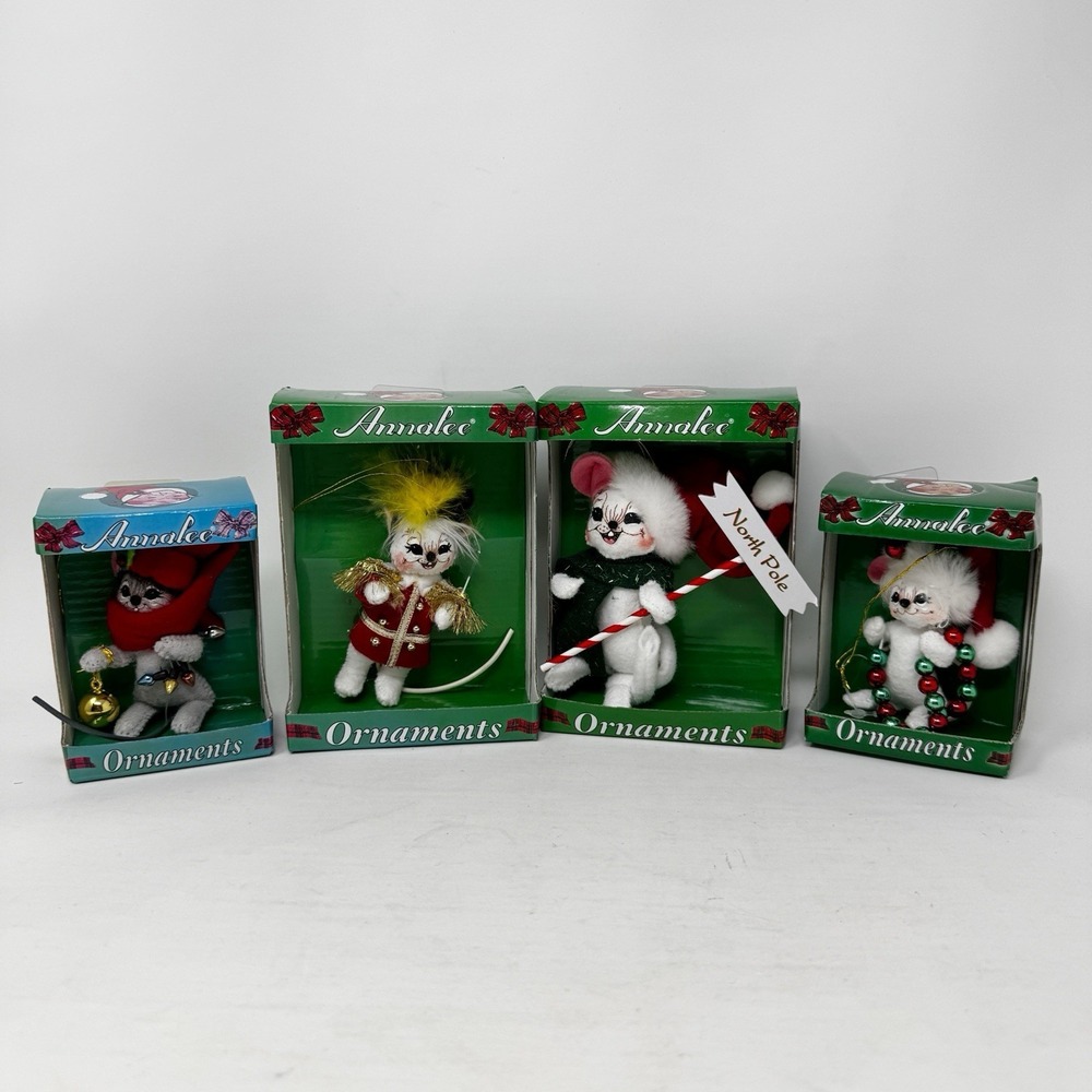 Lot of 4 Boxed Annalee Mobilitee Doll Mouse Mice Elf Christmas Tree Ornaments